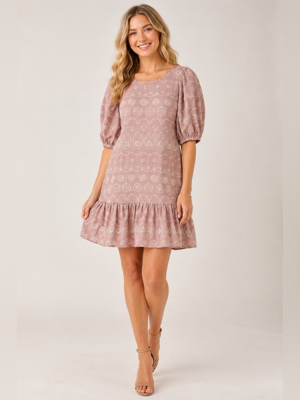 NWT Blu Pepper Blush Pink Embroidered Puff Sleeve Dress